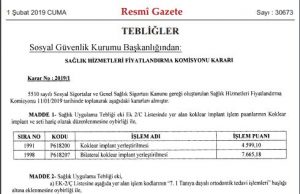 Sağlık Hizmetleri Fiyatlandırma Komisyonu Kararı-01.02.2019